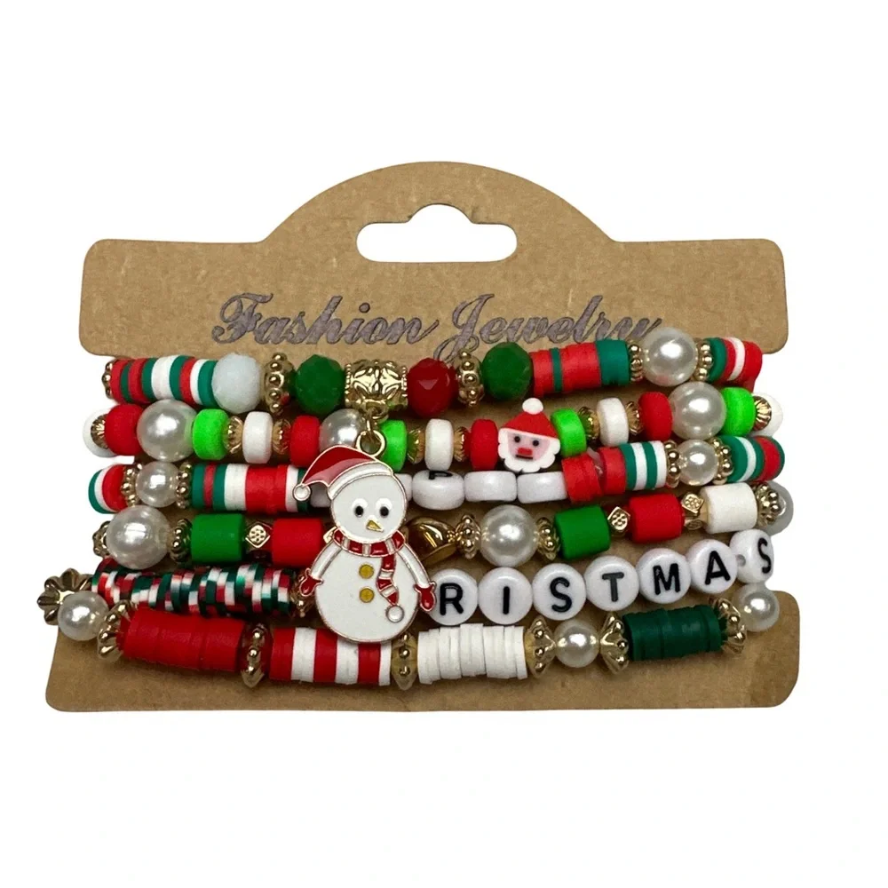 Stretchy Christmas Snowman Beaded Bracelet Stack – Festive Holiday Jewelry Set